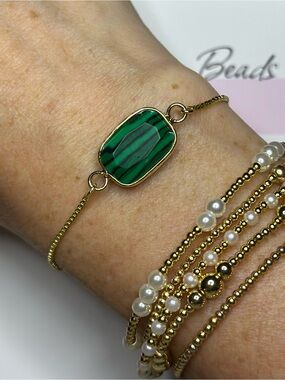 BramFam Beads 14k gold Malachite Gemstone Adjustable bracelet